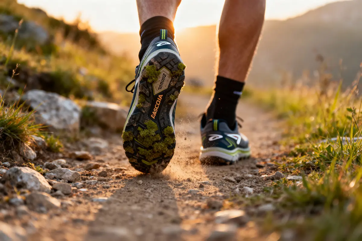 Chaussures de course sur sentier rocailleux au coucher du soleil, mettant en avant la semelle.