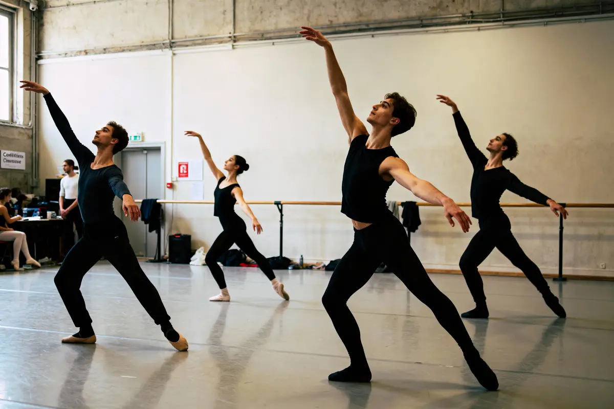 Quatre danseurs de ballet exécutent un mouvement gracieux dans un studio de danse lumineux et spacieux.