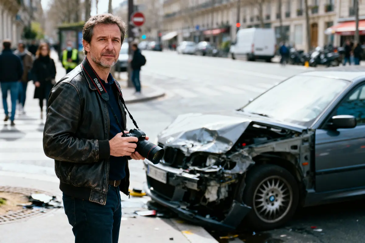 Un homme tenant un appareil photo devant une voiture accidentée en ville.