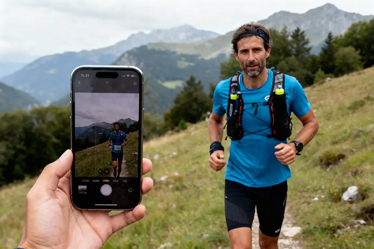 Homme courant en montagne, photographié sur un smartphone au premier plan. Paysage alpin en arrière-plan.