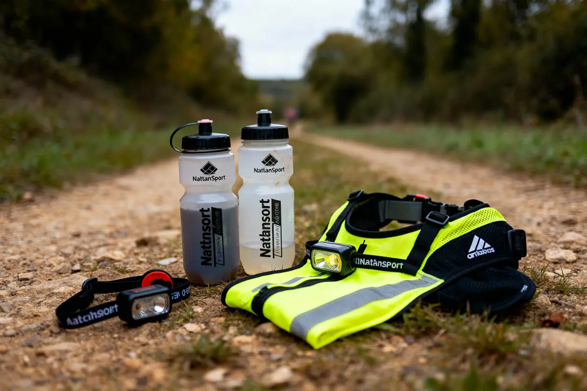Accessoires de course : deux gourdes, veste et lampe frontale sur un chemin de terre.
