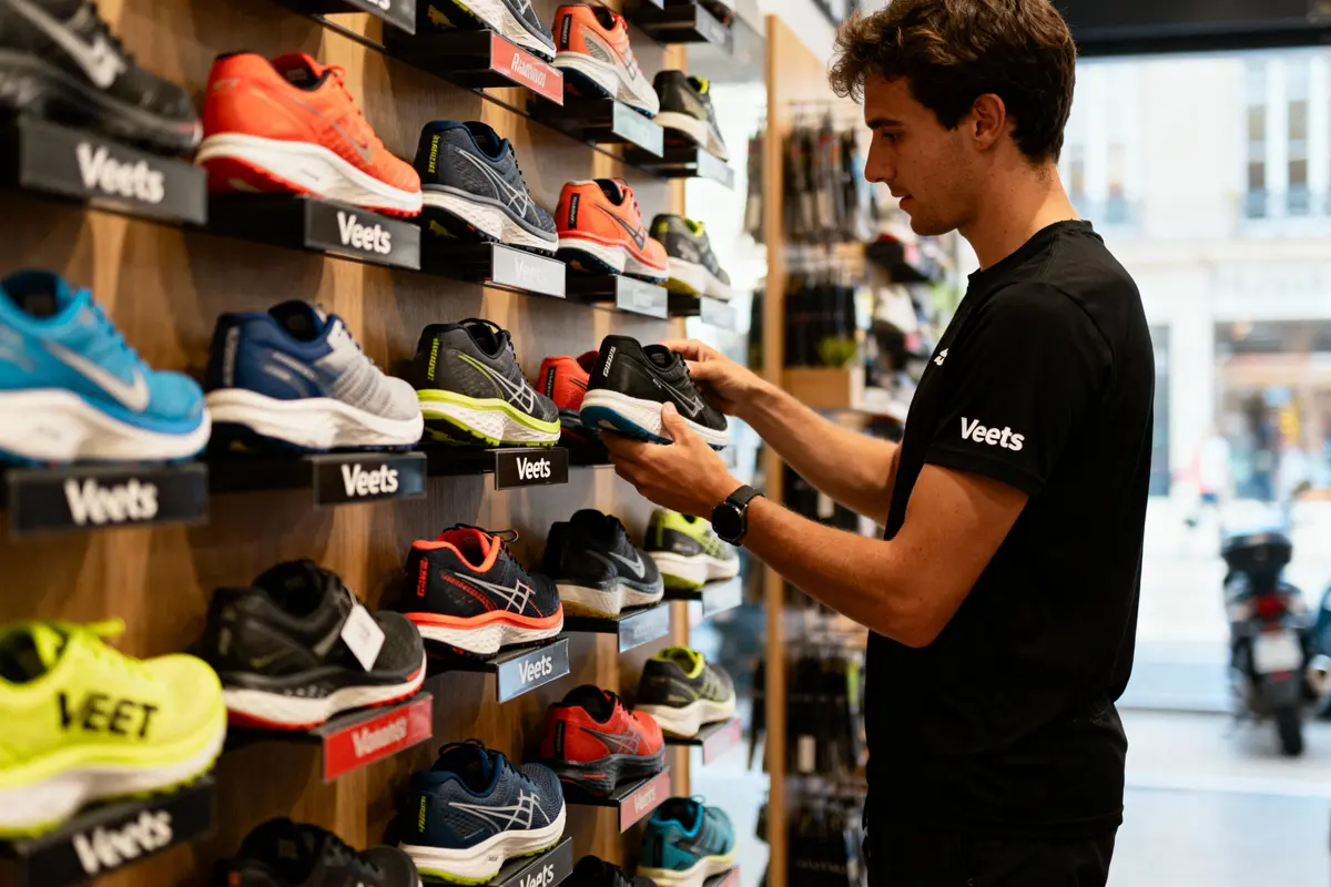Homme choisissant des chaussures de sport sur une étagère dans un magasin, panneaux "Veets" visibles.