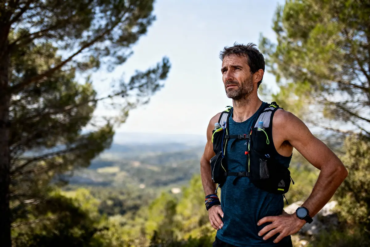 Homme en tenue de course, regard déterminé, en forêt, ciel dégagé en arrière-plan.