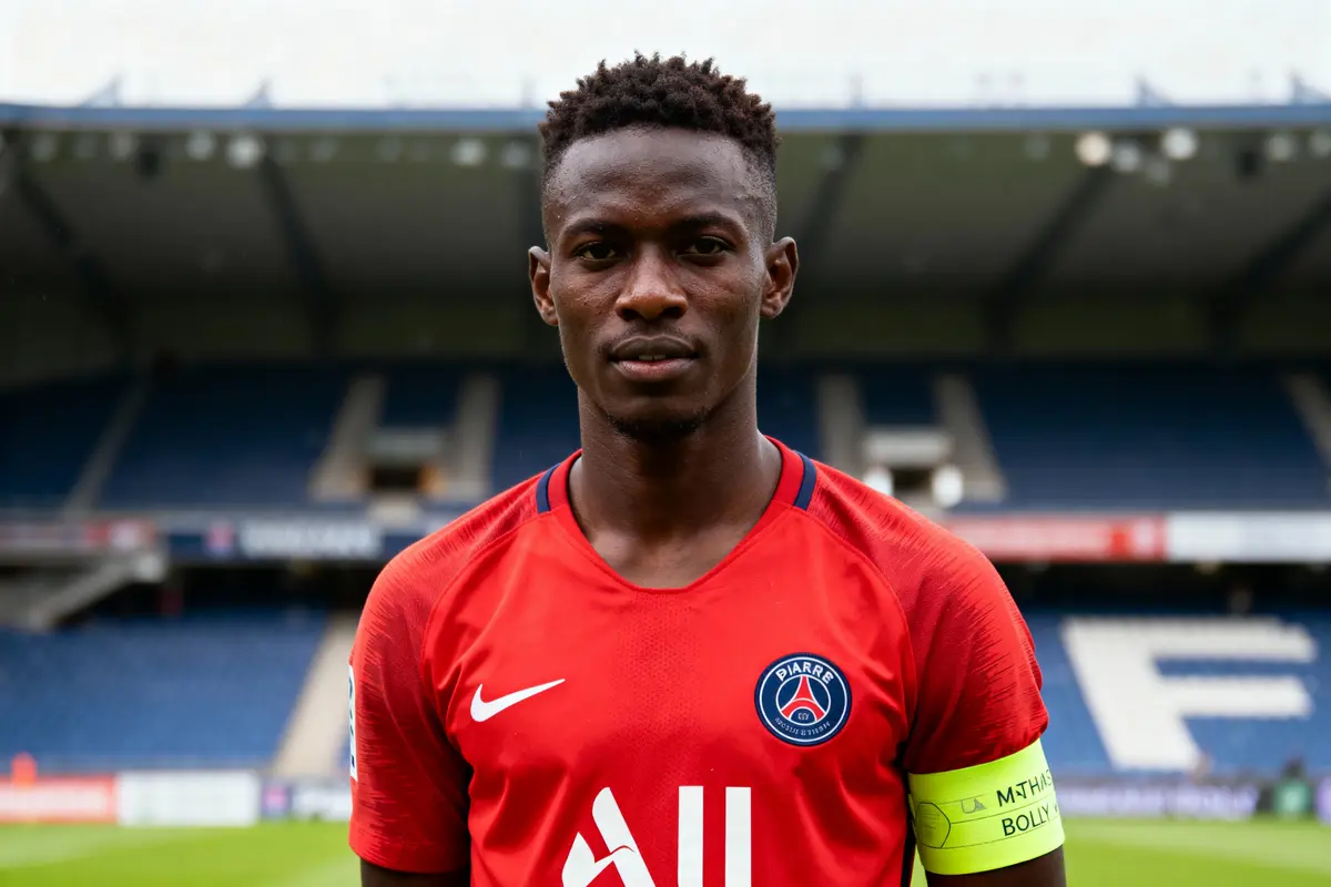 Jeune homme en maillot de football rouge avec brassard, sur terrain de sport, tribunes en arrière-plan.