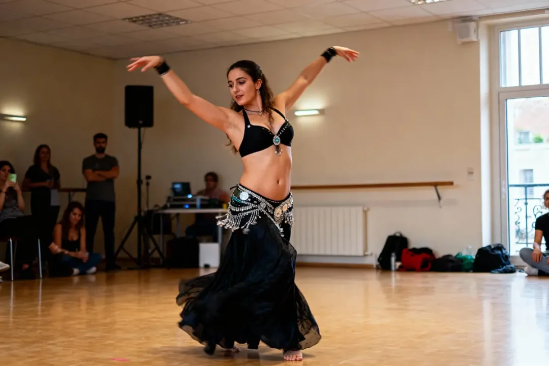 Danseuse en tenue orientale, danse en studio, public en arrière-plan, sol en bois, ambiance conviviale.