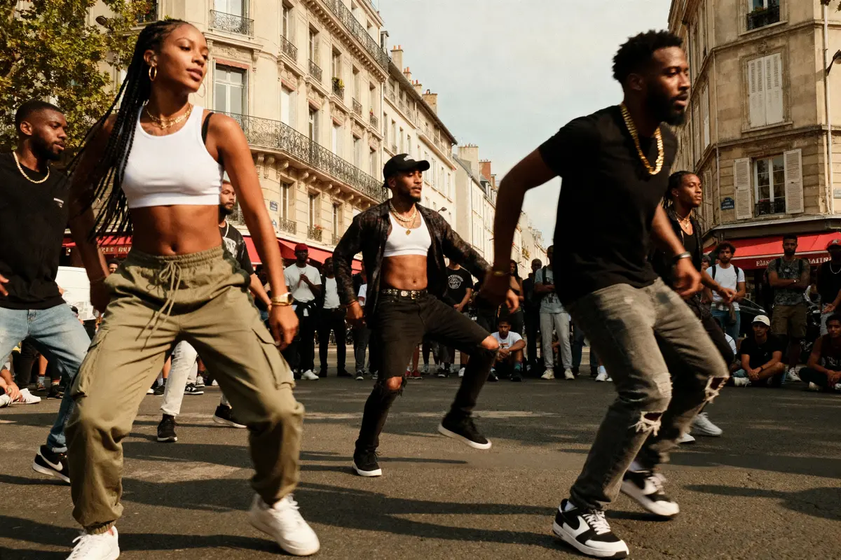 Des danseurs exécutent une performance de rue dynamique devant un public, en plein air, dans un environnement urbain.