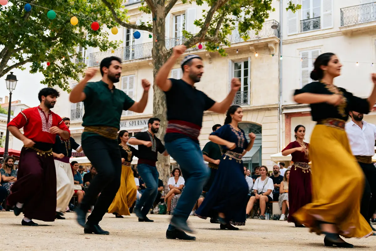 Des danseurs en tenues traditionnelles exécutent une danse folklorique en extérieur, sous des guirlandes de lumières colorées.