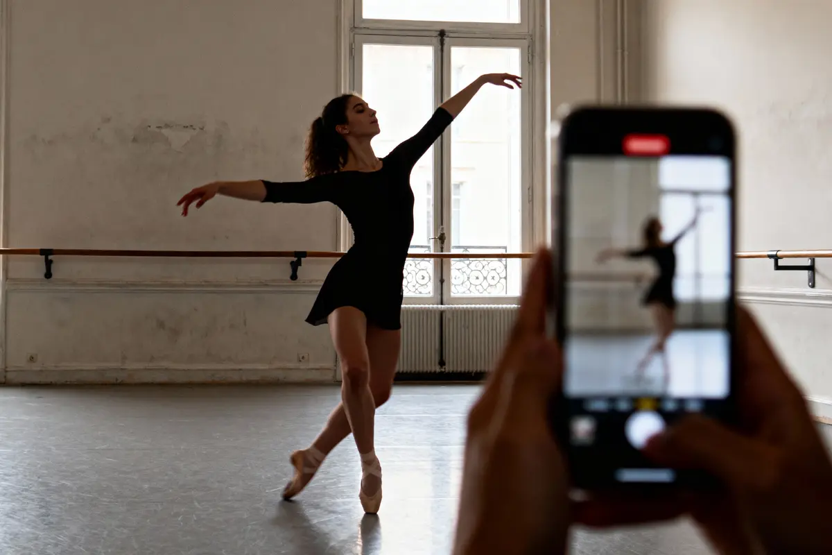 Danseuse en noir posant gracieusement dans un studio de ballet, capturée avec un smartphone à l'avant-plan.