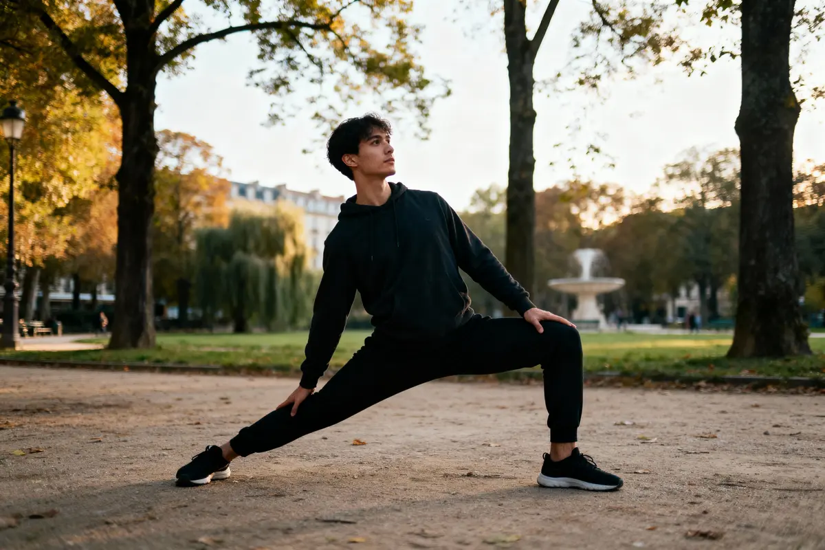 Jeune homme en tenue de sport s'étirant dans un parc avec des arbres et une fontaine.
