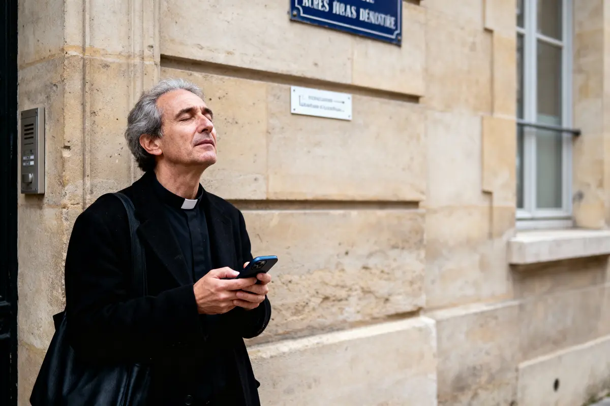 Un homme en soutane noire regarde son téléphone, appuyé contre un mur en pierre.