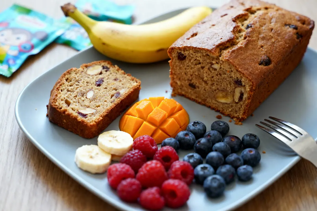 Assiette avec cake aux noix, banane, mangue, myrtilles, framboises, rondelles banane et fourchette sur table en bois.