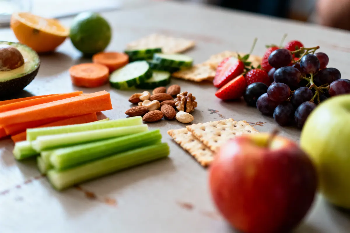 Fruits, légumes, noix et crackers sur table en bois, disposition colorée et appétissante.