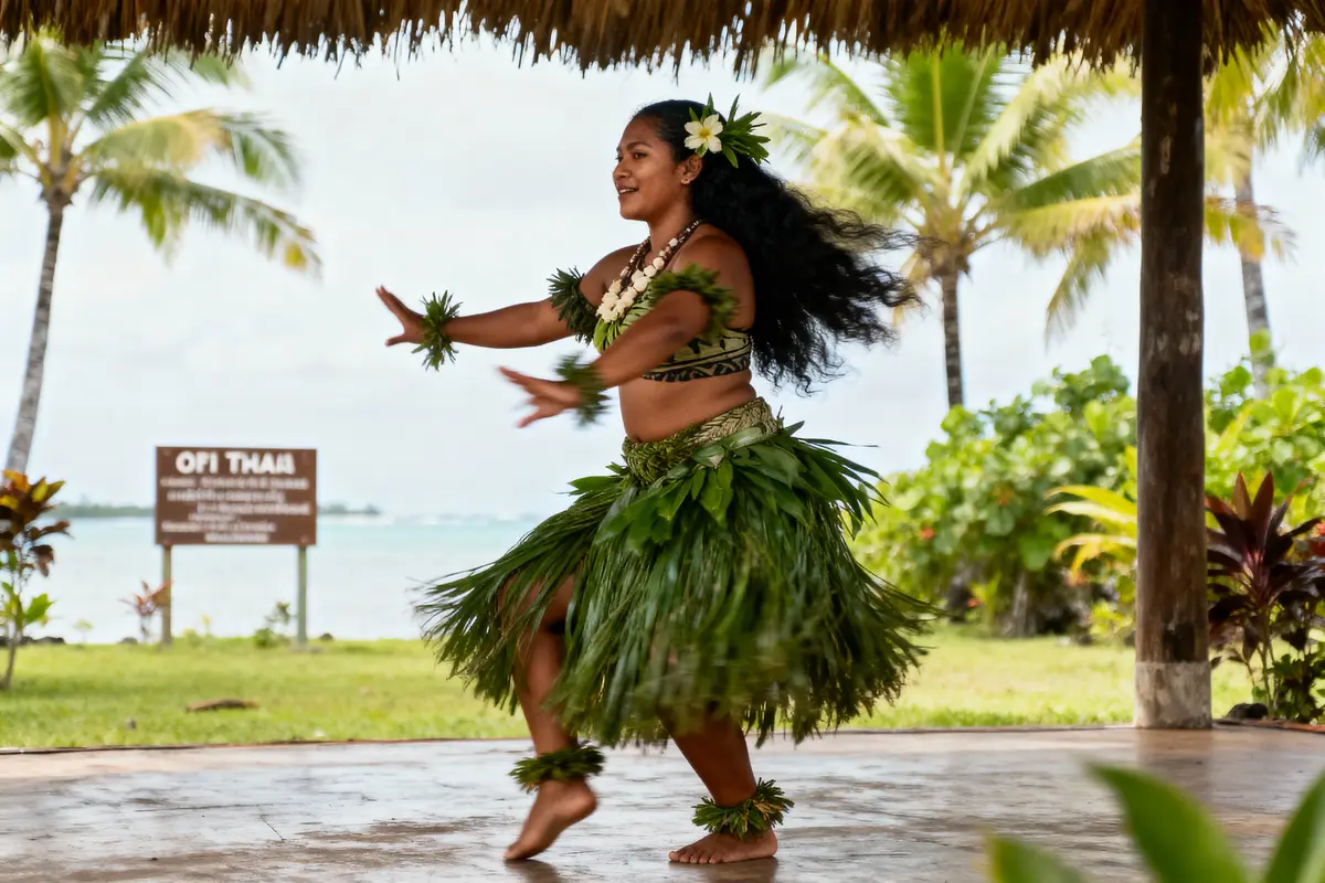 Danseuse polynésienne en tenue traditionnelle de feuilles, dansant en plein air avec palmiers en arrière-plan.