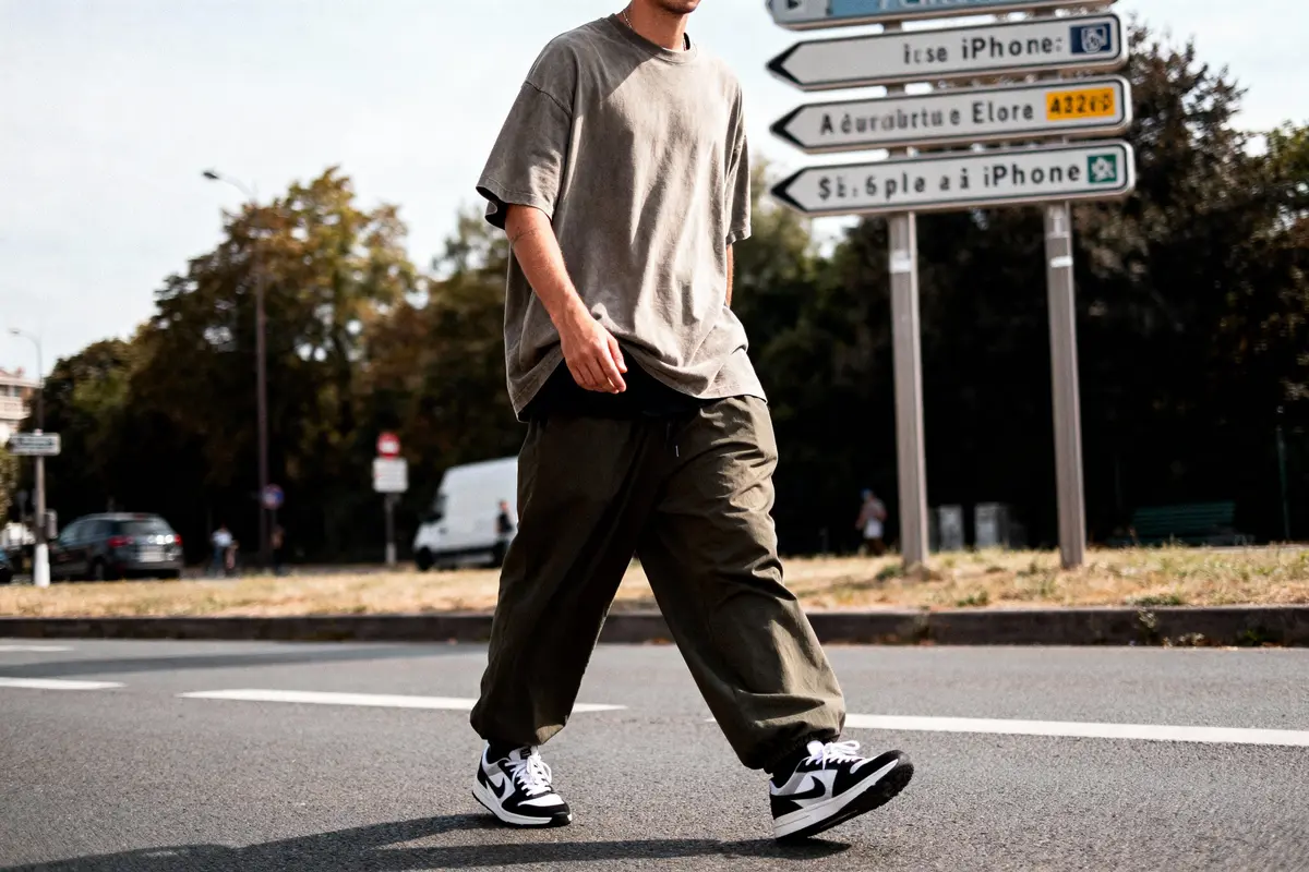 Personne marchant sur la route, portant t-shirt gris, pantalon ample, baskets noires et blanches. Panneaux routiers en arrière-plan.