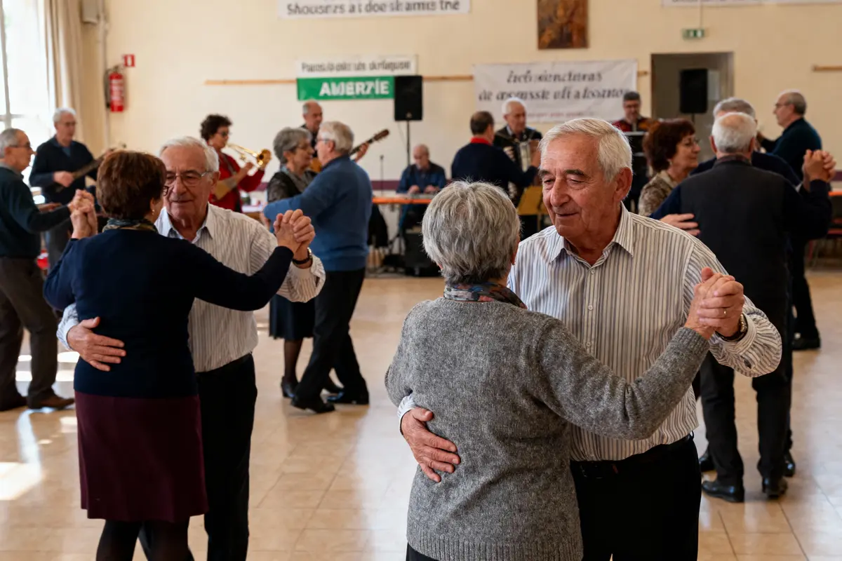 Des couples âgés dansent dans une salle avec orchestre en arrière-plan. Ambiance conviviale.