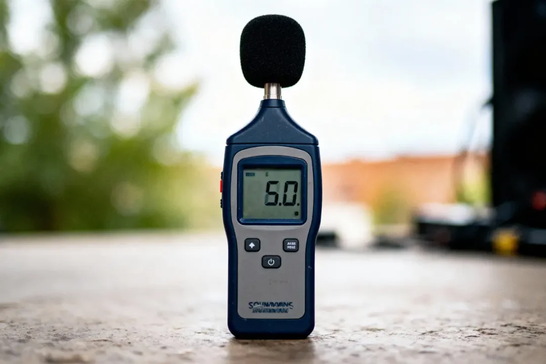 Sonomètre numérique avec microphone, affichant 6.0 sur écran, posé sur une surface floue à l'extérieur.