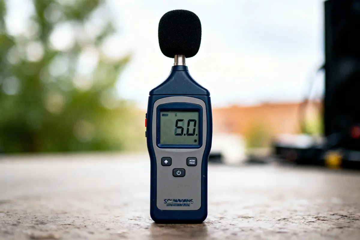 Sonomètre numérique avec microphone, affichant 6.0 sur écran, posé sur une surface floue à l'extérieur.