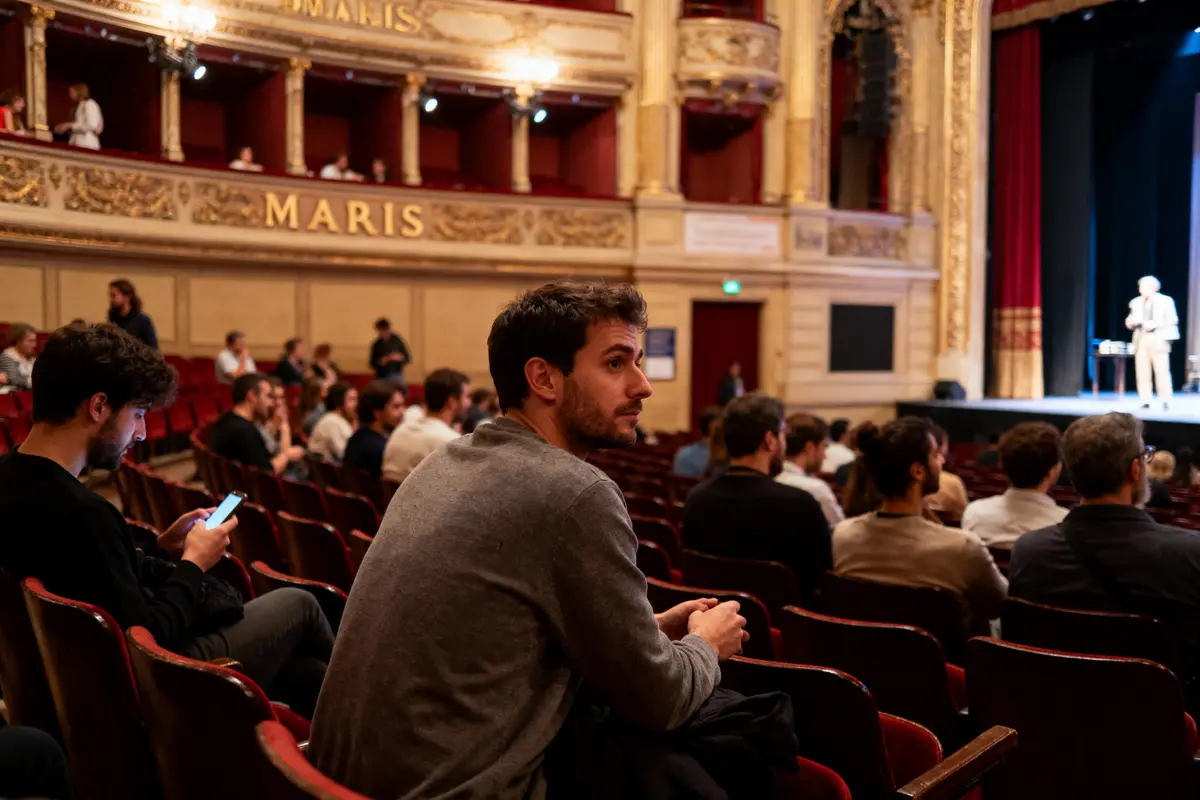Personnes assises dans un théâtre, écoutant un orateur sur scène, intérieur de théâtre décoré.