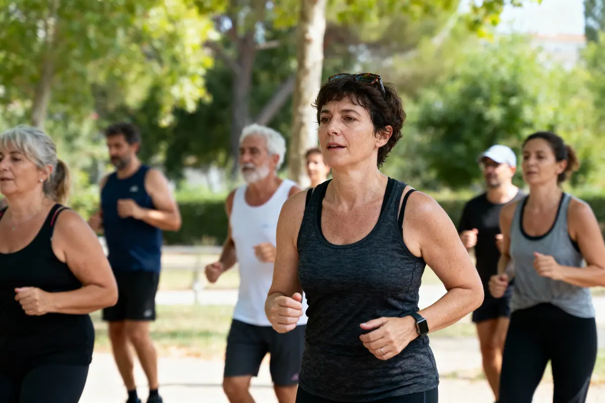 Personnes courant dans un parc verdoyant, portant des vêtements de sport, par une journée ensoleillée.