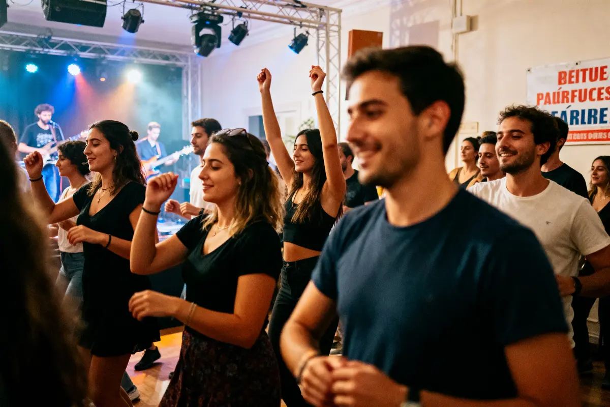 Groupe de jeunes dansant lors d'un concert, ambiance joyeuse avec éclairage coloré sur scène.