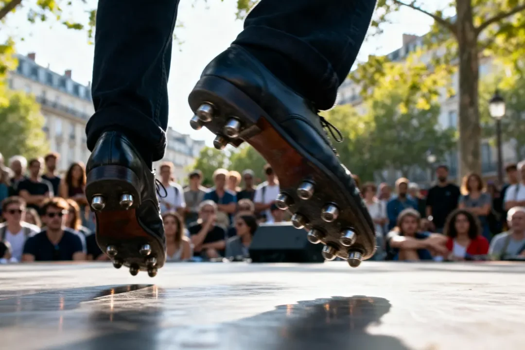Chaussures de danse claquettes sautant sur scène, foule en arrière-plan, performance en plein air, journée ensoleillée.