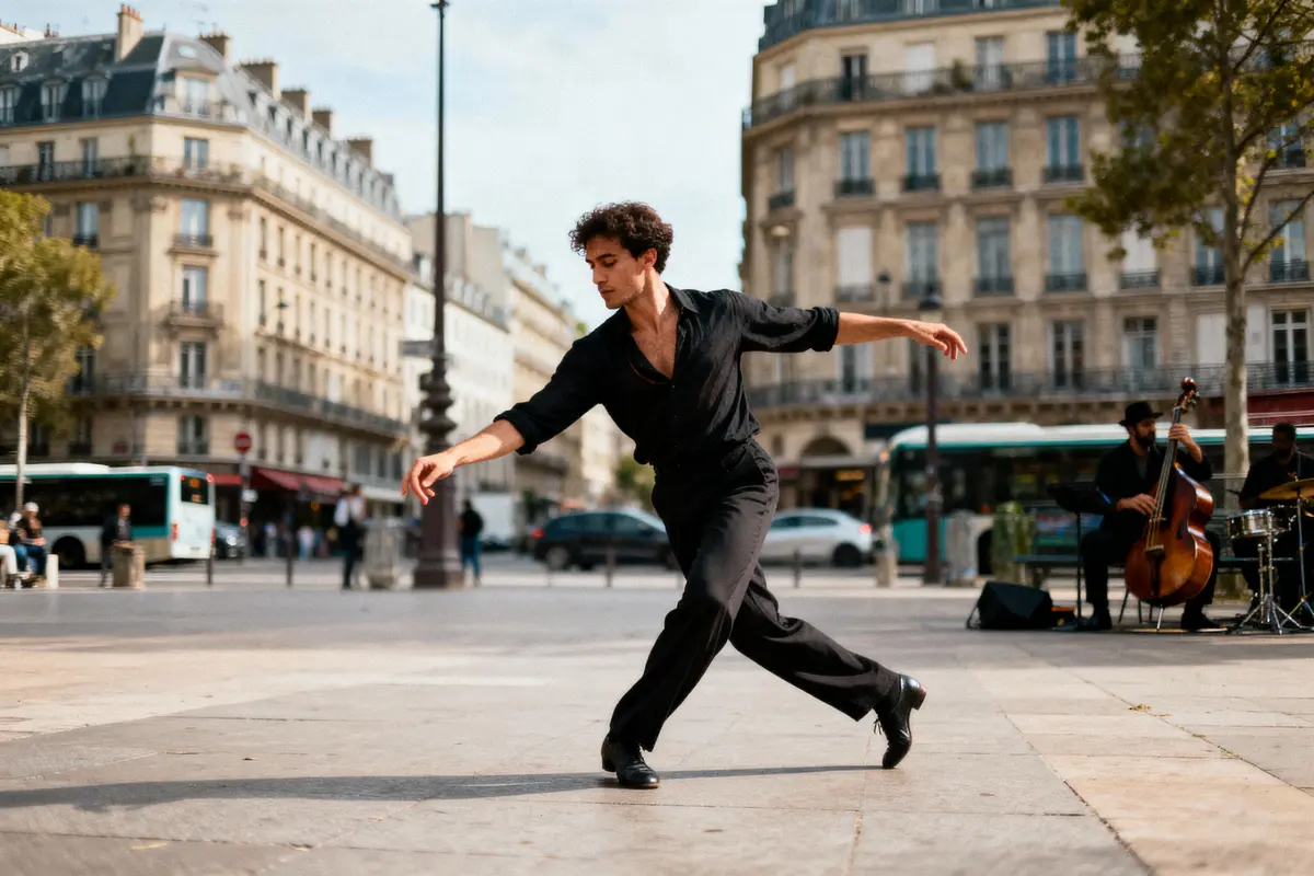 Un homme danse dans une rue de Paris, musiciens en arrière-plan, bâtiments haussmanniens autour.