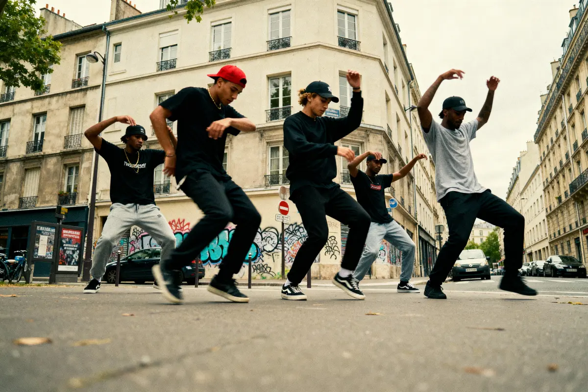 Cinq danseurs urbains exécutent une chorégraphie synchronisée dans une rue bordée de bâtiments avec graffitis.