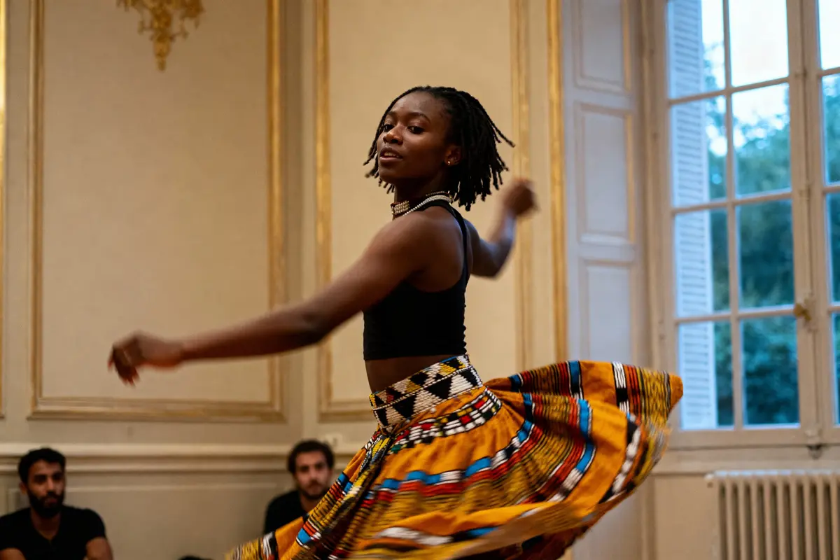 Danseuse en costume coloré tourne dans une salle élégante, spectateurs assis à l'arrière-plan.