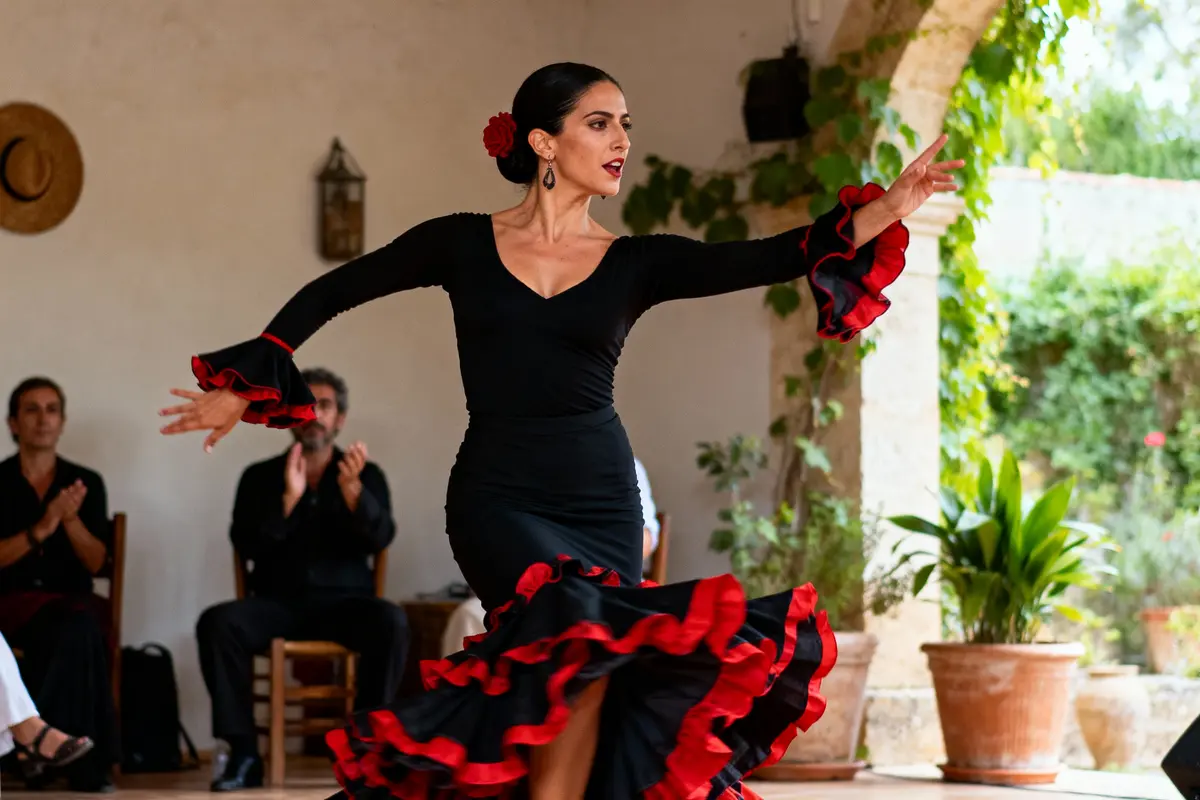Danseuse de flamenco en robe noire et rouge, exécutant un mouvement gracieux, public en arrière-plan.