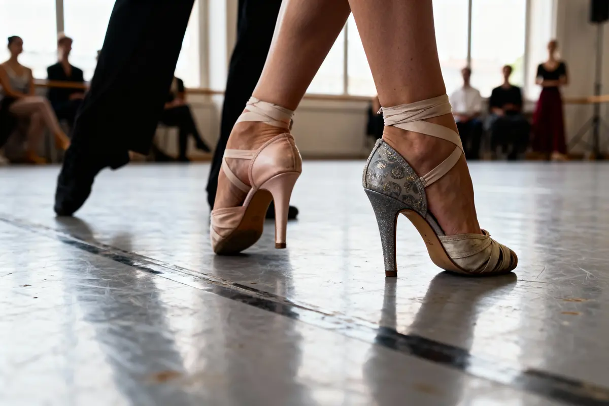 Danseurs de salon en talons hauts, répétition en studio avec public en arrière-plan.