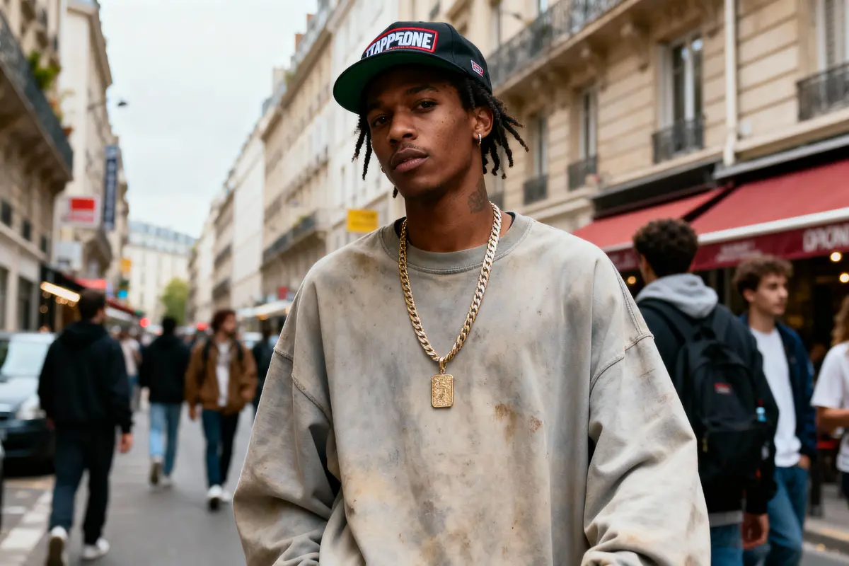 Jeune homme en sweat et casquette noire marchant dans une rue animée de Paris, portant une chaîne dorée.