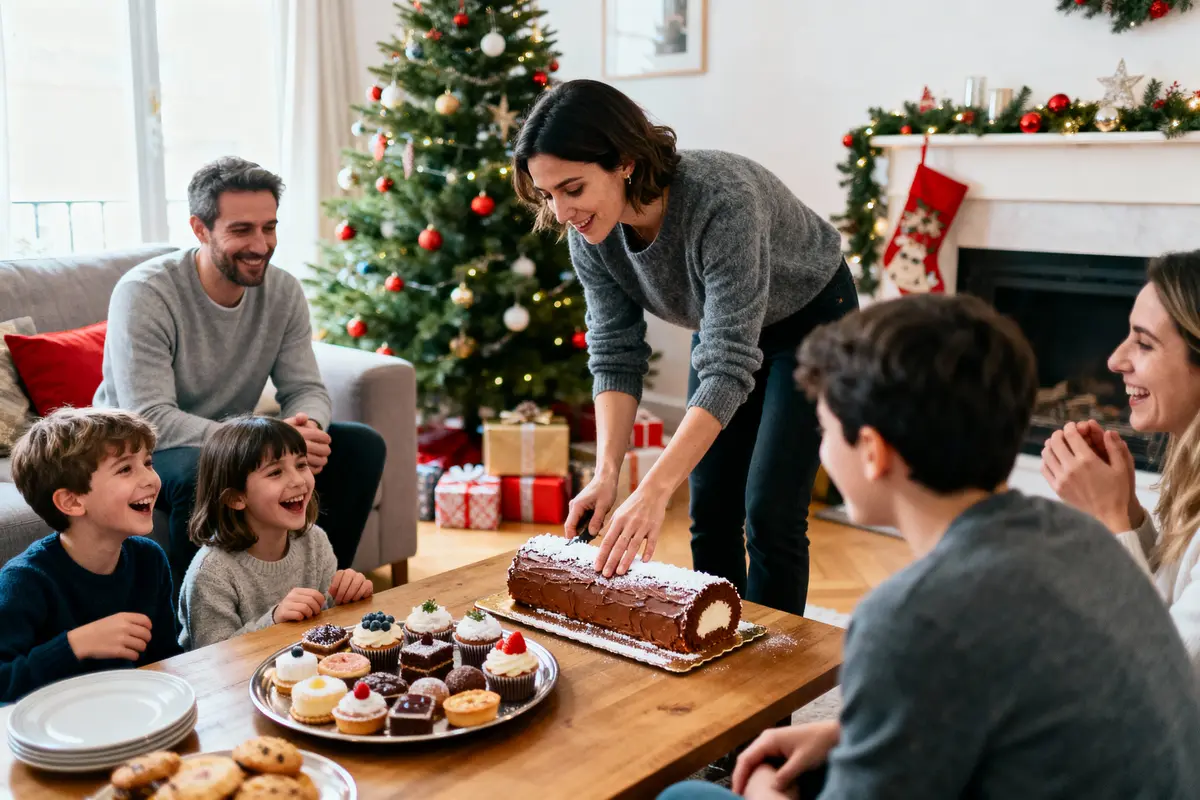 Famille souriante partageant une bûche de Noël autour d'un sapin décoré et des cadeaux dans le salon.