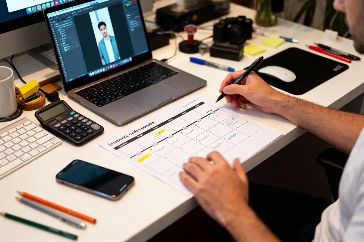 Bureau avec ordinateur, calendrier, téléphone, calculatrice, stylos et main écrivant, environnement de travail organisé et productif.