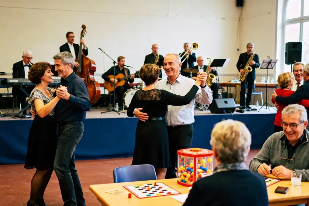 Personnes dansant devant un groupe de musiciens, ambiance festive et conviviale dans une salle lumineuse.