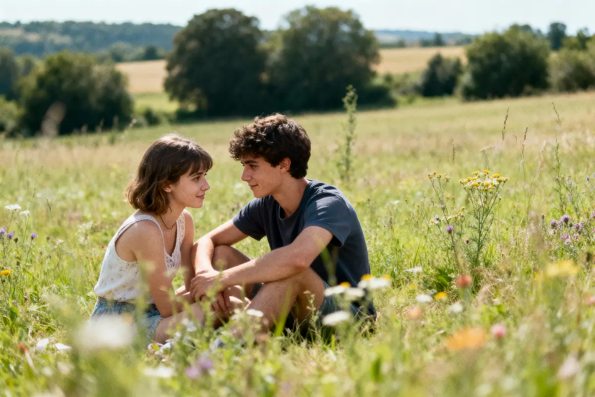 Deux jeunes assis dans un pré fleuri, se regardant, entourés de nature estivale verdoyante.