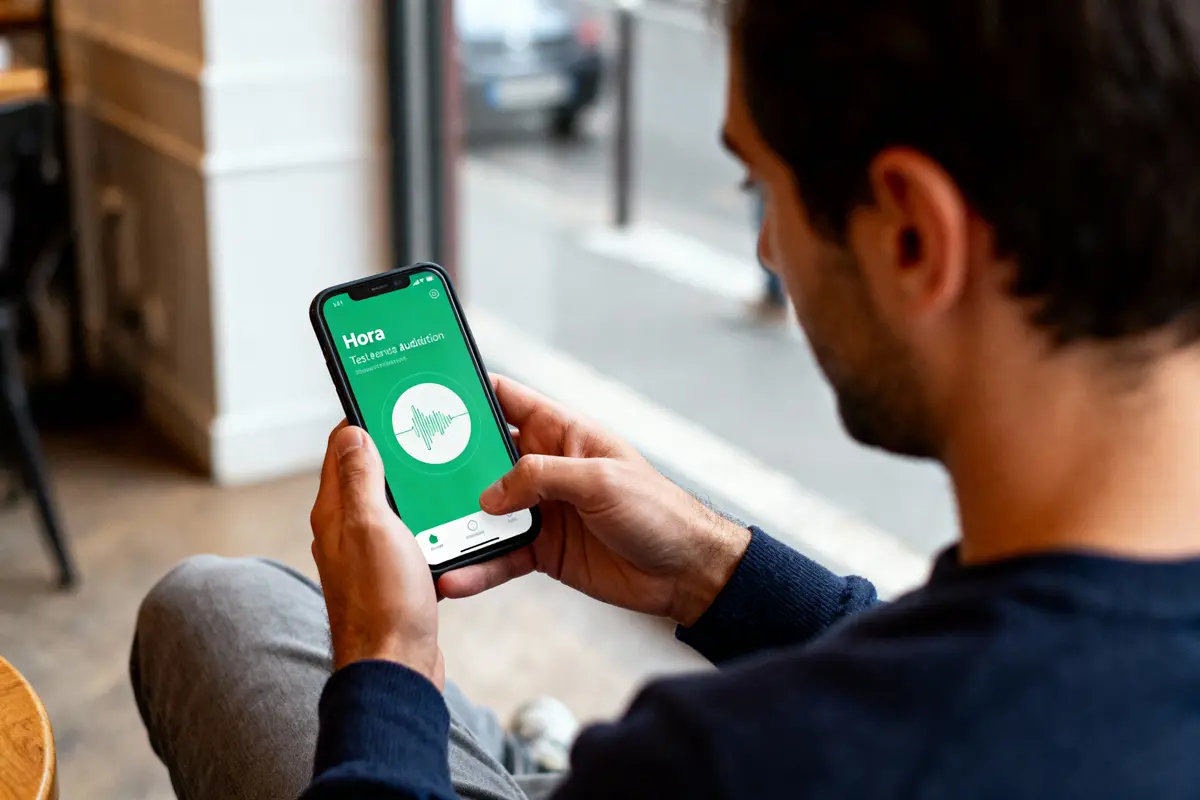 Homme utilisant une application de test auditif sur smartphone, assis près d'une fenêtre dans un café.