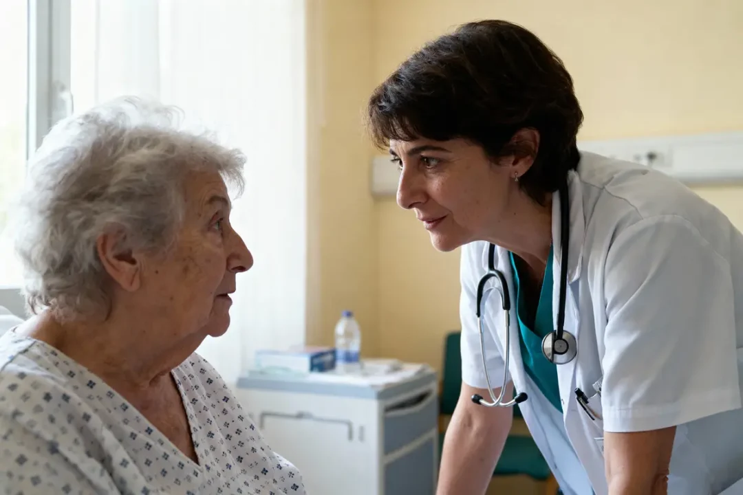 Une docteure échange avec une patiente âgée dans une chambre d'hôpital, ambiance chaleureuse et attentionnée.