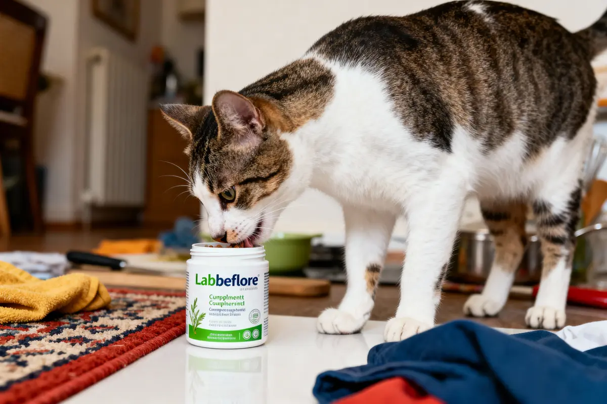 Chat reniflant ou léchant un pot de complément alimentaire sur une table, avec tapis et objets autour.
