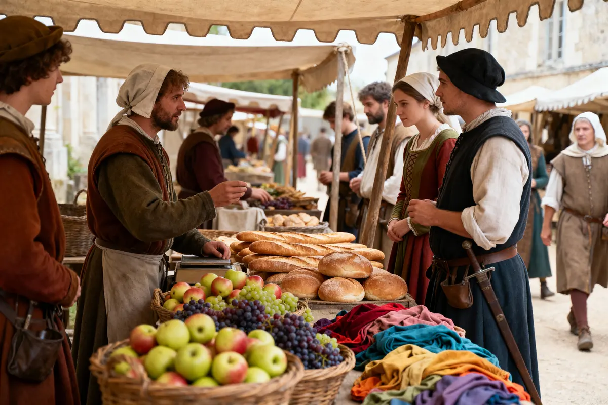 Marché médiéval animé avec pain, fruits, et tissus colorés. Personnes en costumes d'époque interagissent sous tente.