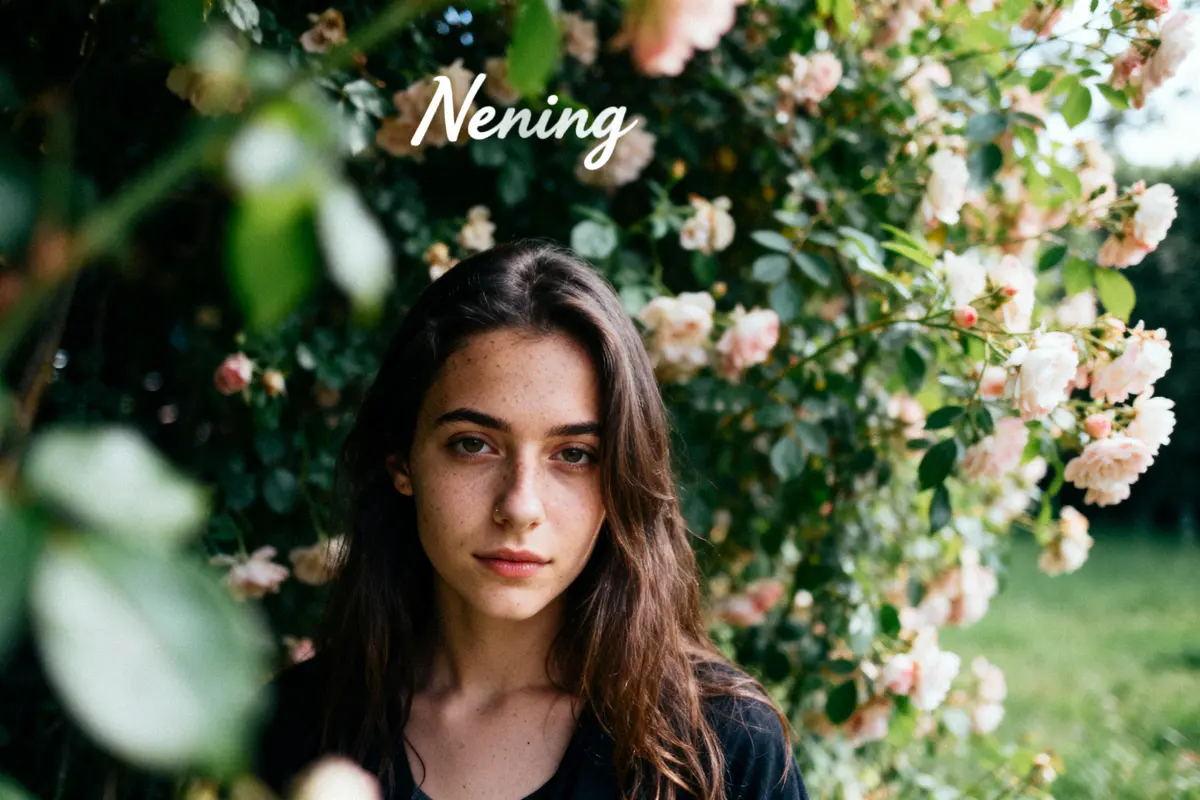 Femme aux cheveux longs devant un buisson fleuri, texte "Nening" en arrière-plan.