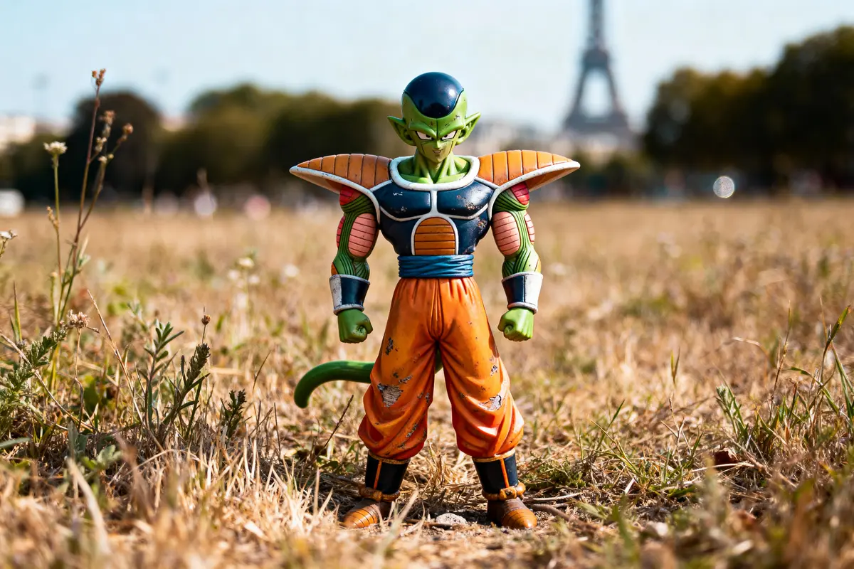 Figurine de personnage animé dans un champ, Tour Eiffel en arrière-plan flou, ciel bleu.
