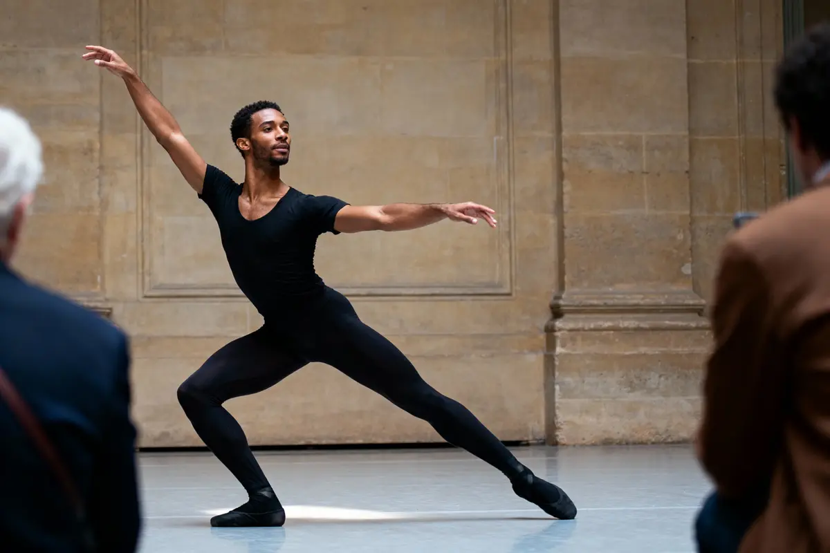 Danseur en tenue noire, exécutant un mouvement gracieux dans une salle devant spectateurs.