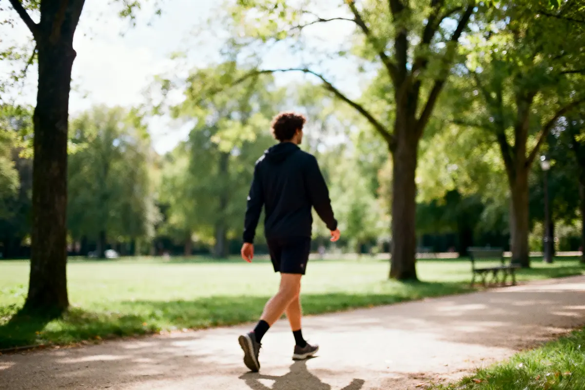 Personne marchant sur un chemin ensoleillé dans un parc verdoyant avec des arbres entourant l'espace.
