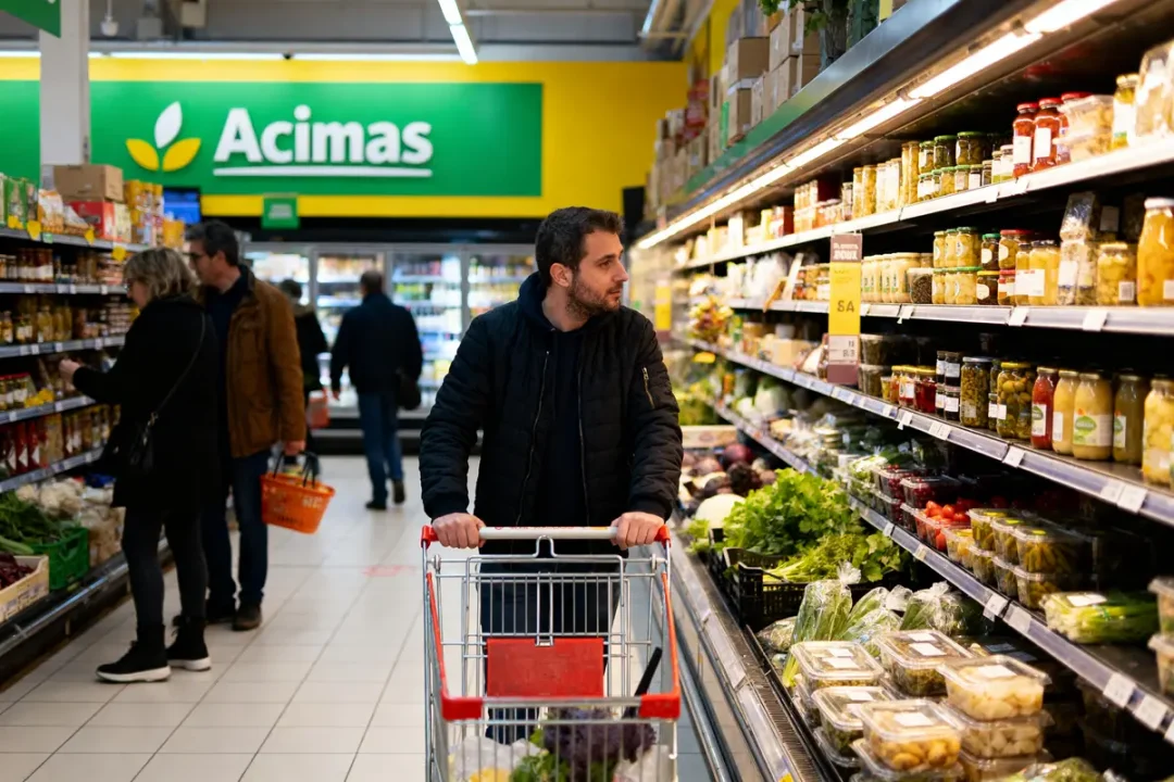 Un homme avec un chariot fait ses courses dans un supermarché bien approvisionné.