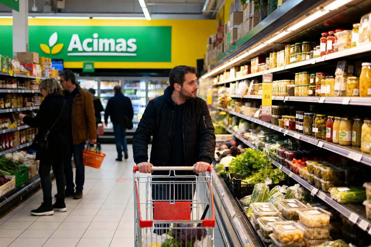 Un homme avec un chariot fait ses courses dans un supermarché bien approvisionné.