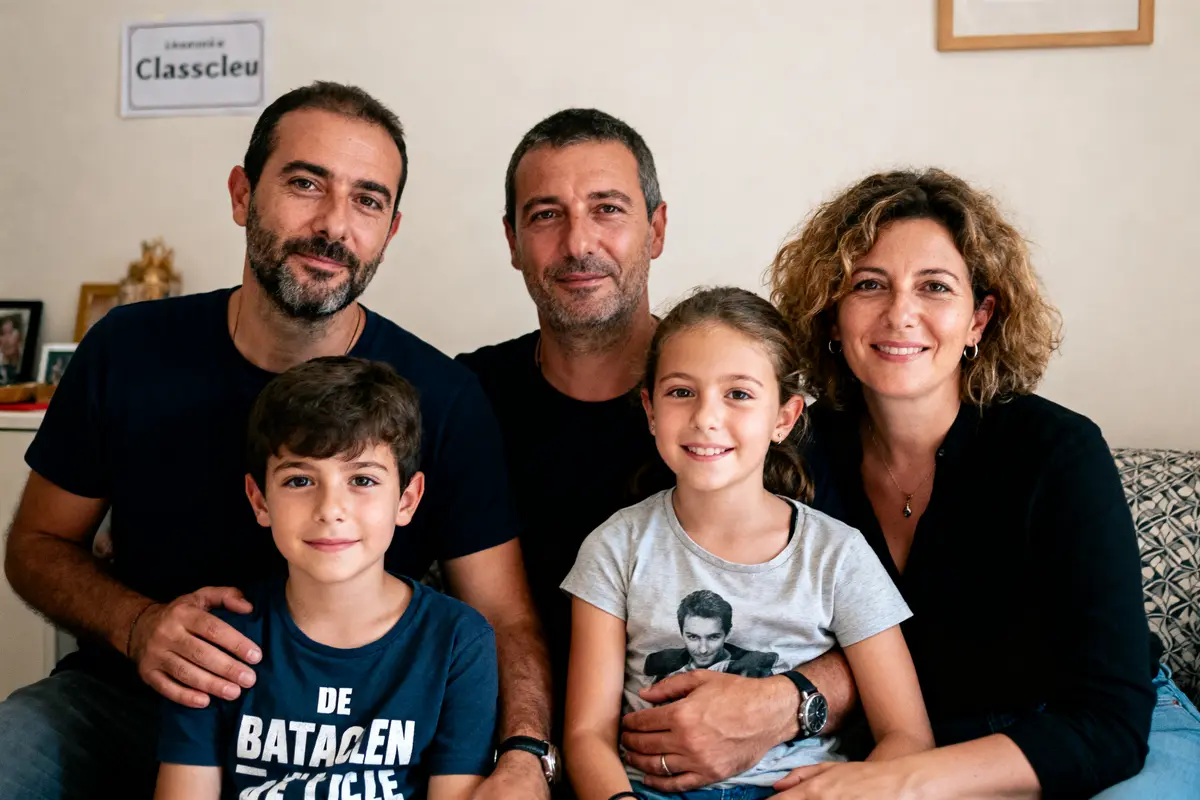 Une famille de cinq personnes sourit, posant ensemble dans une pièce à l'intérieur.