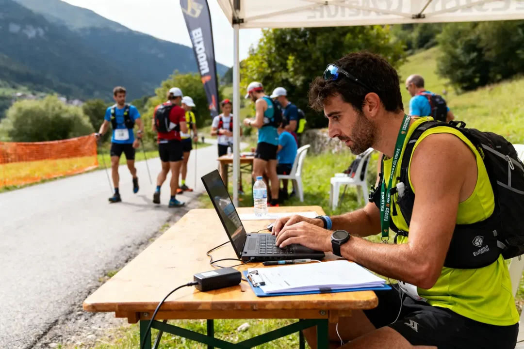 Homme en gilet fluo utilise un ordinateur portable sous une tente, coureurs en arrière-plan, paysage montagneux.