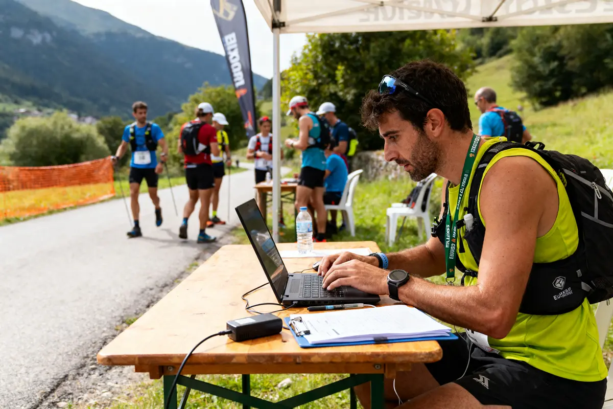 Homme en gilet fluo utilise un ordinateur portable sous une tente, coureurs en arrière-plan, paysage montagneux.