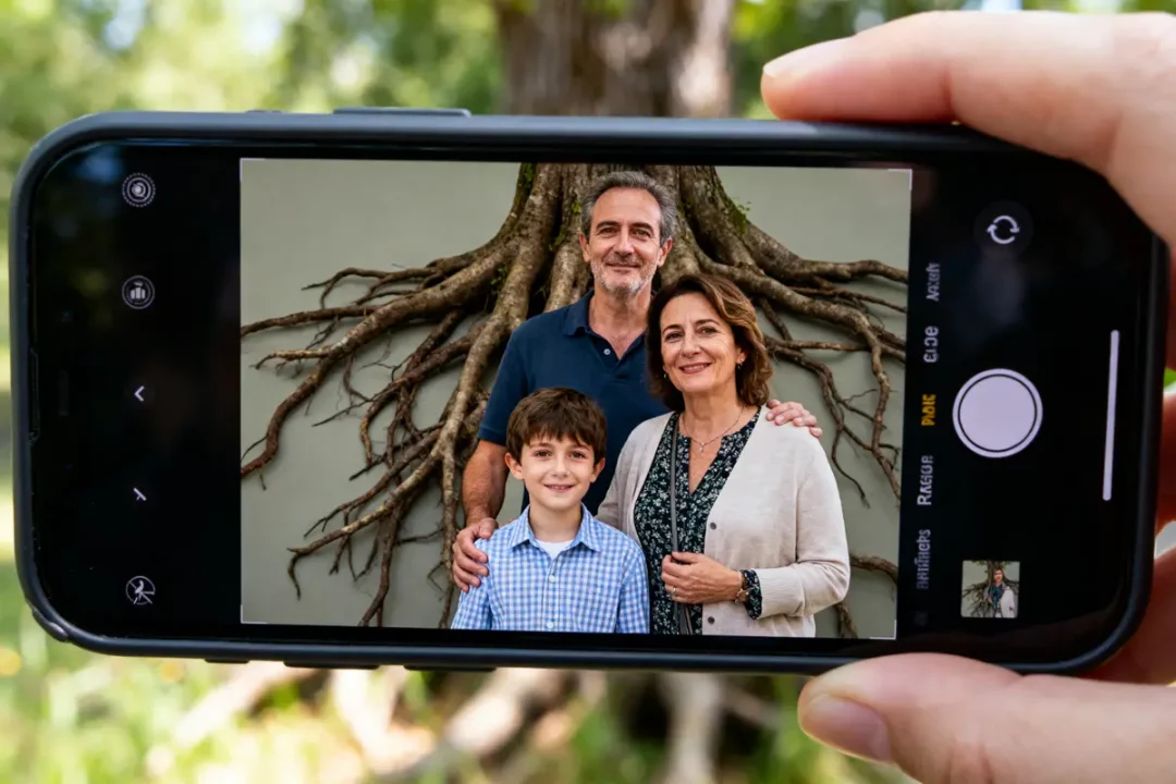 Photo de famille affichée sur un smartphone, avec des racines arborées en arrière-plan.