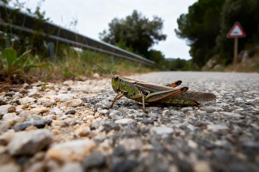 Sauterelle verte sur une route en gravier, bordée de végétation et d'un panneau de signalisation.